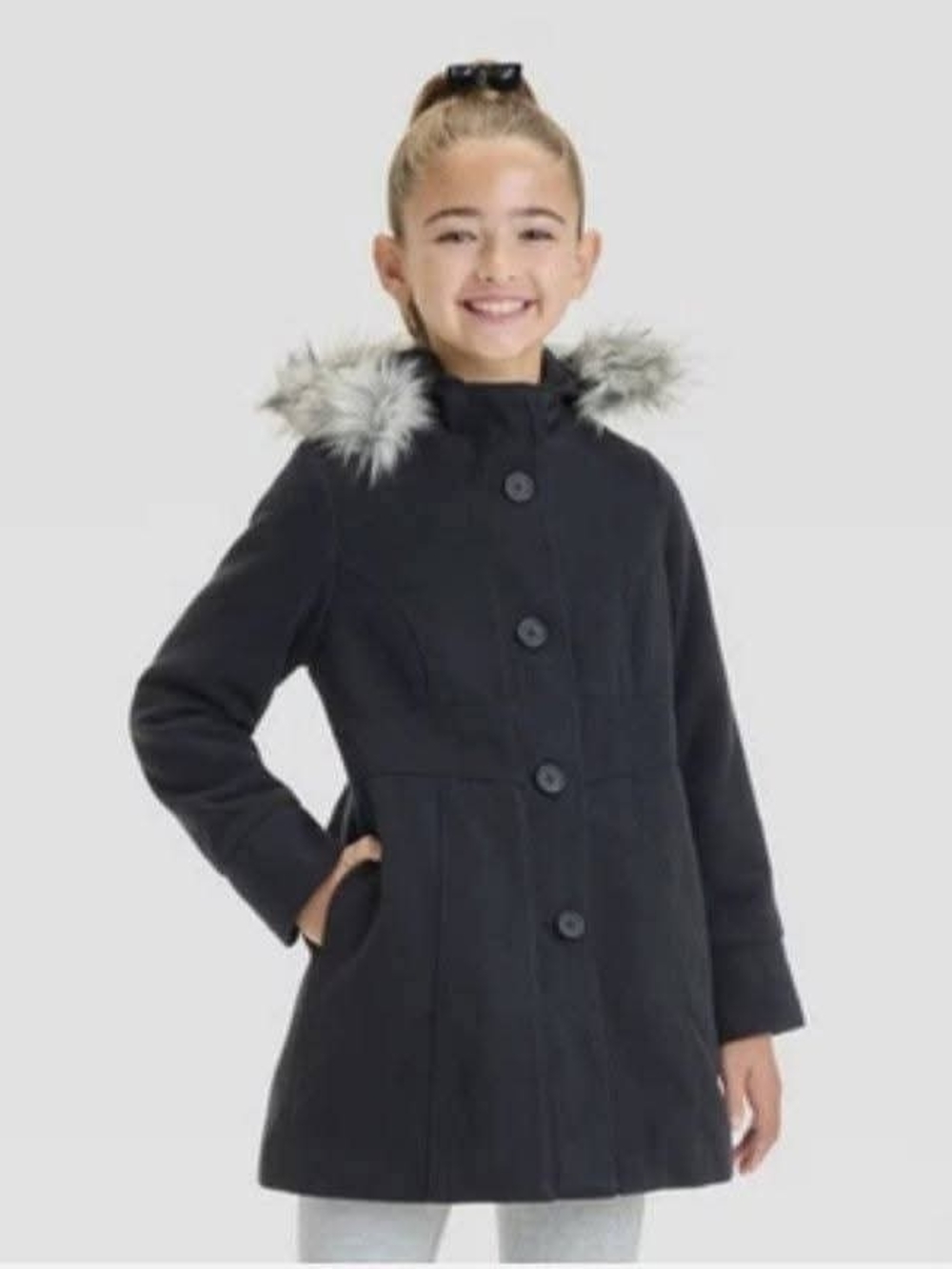 Cat & Jack Black Hooded Pea Coat with Faux-Fur Trim